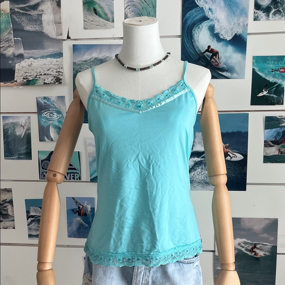 2000s Y2K style Beaded Aqua Blue Lace-Trim Camisole - Women
